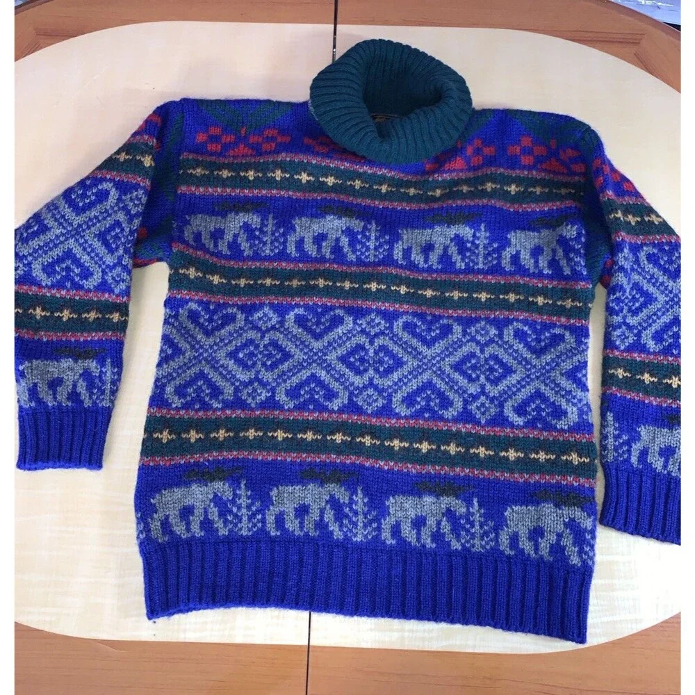 Eddie Bauer Sweater Pullover Vintage Wool turtleneck Deer Animals Geometric Aran - Picture 10 of 16